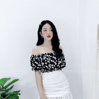 Set áo voan hoa cúc họa mi và chân váy nhún bèo