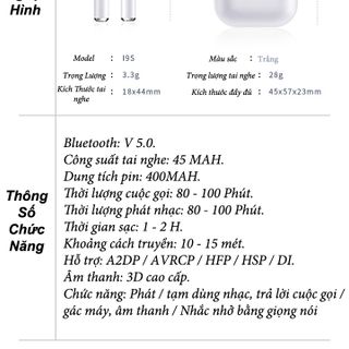 Tai nghe Bluetooth i9S-TWS (Kiểu dáng giống Airpods) dùng cho các dòng iOs, Android và các điện thoại có Bluetooth