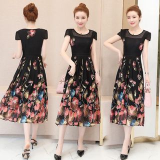 Đầm vintage in hoa 3D nền nã phối ren sang trọng