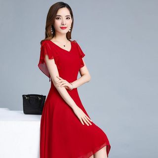 Đầm maxi cổ tim tay cánh tiên màu đỏ có big size