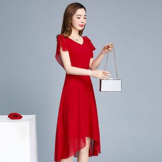 Đầm maxi cổ tim tay cánh tiên màu đỏ có big size