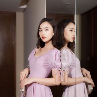 ĐẦM XÒE CỔ TIM TAY NGẮN DÚN THẮT NƠ