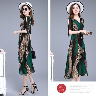 Đầm maxi cổ tim tay xẻ họa tiết in 3d cao cấp