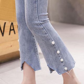 Quần Jean nữ lưng cao, ống loe sờn rách, đính hạt sang chảnh NV0213