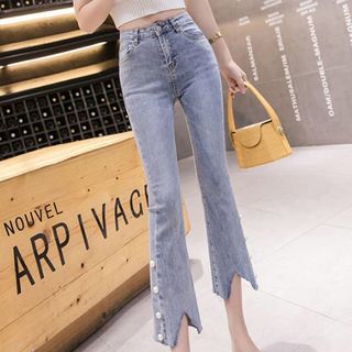 Quần Jean nữ lưng cao, ống loe sờn rách, đính hạt sang chảnh NV0213