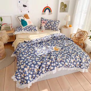 BỘ CHĂN GA GỐI COTTON BÈO VOAN ( chăn trần bông) 4 MÓN