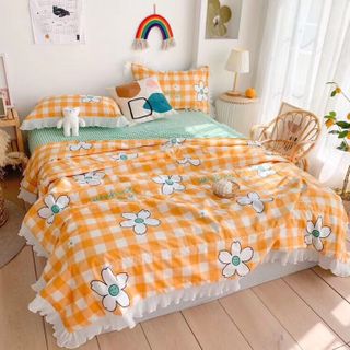 BỘ CHĂN GA GỐI COTTON BÈO VOAN ( chăn trần bông) 4 MÓN