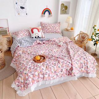 BỘ CHĂN GA GỐI COTTON BÈO VOAN ( chăn trần bông) 4 MÓN