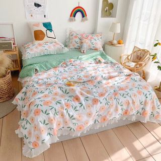 BỘ CHĂN GA GỐI COTTON BÈO VOAN ( chăn trần bông) 4 MÓN