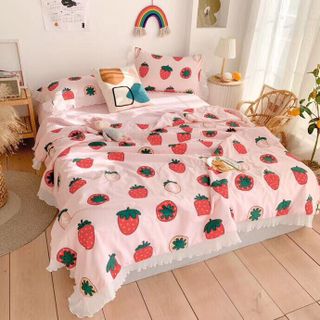 BỘ CHĂN GA GỐI COTTON BÈO VOAN ( chăn trần bông) 4 MÓN
