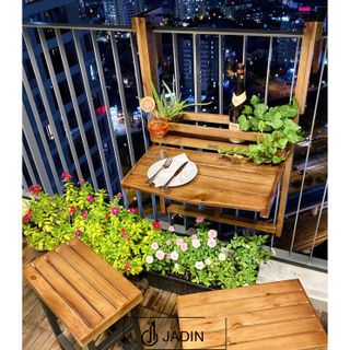 Bộ bàn ban công 2 ghế, tiết kiệm diện tích, ghế chân sắt mặt gỗ tự nhiên, bộ bàn ghế ngoài trời Jadin