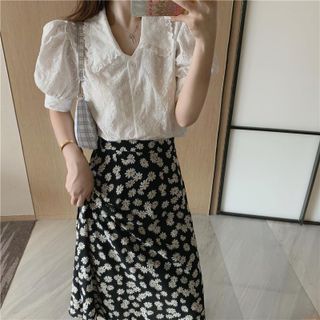 Set váy sơmi ngắn tay vintage QCCC cho nữ (mã 49)
