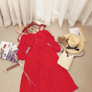 ĐẦM MAXI ĐỎ RỚT VAI