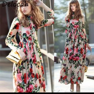 Đầm maxi tay dài hoạ tiết