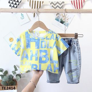 Bộ áo thun quần bò in chữ TE2414