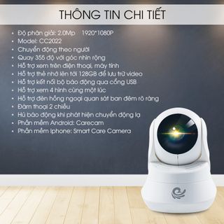 Camera Ip Quan Sát Trong Nhà CC2022 - 2.0Mpx 1080P FULL HD - Xoay Ngang 355 Độ, Dọc 90 Độ - BH 12 Tháng