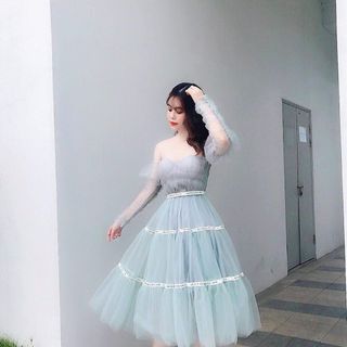 Đầm xoè trễ vai tay dài phối viền chữ Sport - MS164V
