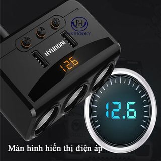 Tẩu sạc ô tô 3 socket 2 cổng usb hiệu Huyndai| sạc nhanh - sạc an toàn - có led cảnh báo điện áp!