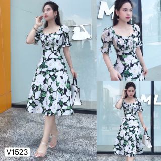 Đầm voan hoa tay ngắn hàng thiết kế