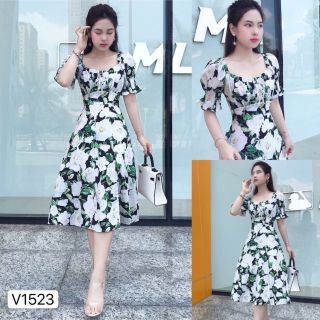 Đầm voan hoa tay ngắn hàng thiết kế