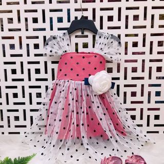 Đầm bé gái ren lưới chấm bi gắn hoa