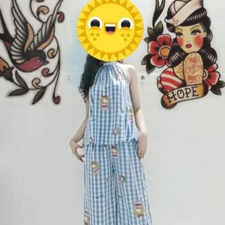 Đồ bộ ca rô;,hai kiểu; cổ yếm và mocking