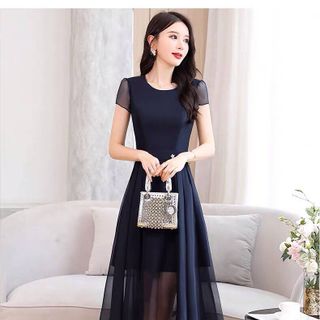 ĐẦM XOÈ XANH ĐEN ĐÍNH NÚT - DT1332