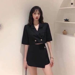 Set áo croptop vest chân váy đắp đen