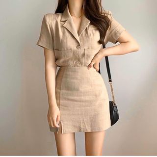 Set áo vest nude chân váy xẻ giá sỉ