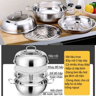 Bộ nồi lẩu hơi 3 tầng 3 đáy từ sử dụng tất cả các loại bếp