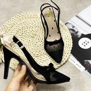 Giày cao gót nữ mũi lưới chấm bi đính nơ quai hậu eo phối Mika trong thời trang - YH220