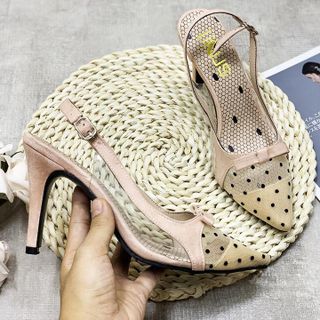 Giày cao gót nữ mũi lưới chấm bi đính nơ quai hậu eo phối Mika trong thời trang - YH220