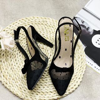 Giày cao gót nữ mũi lưới chấm bi đính nơ quai hậu eo phối Mika trong thời trang - YH220