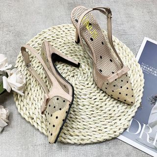 Giày cao gót nữ mũi lưới chấm bi đính nơ quai hậu eo phối Mika trong thời trang - YH220H