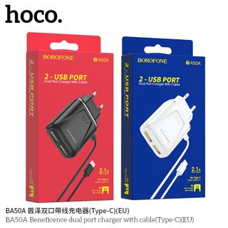 Bộ Cóc Cáp Sạc Nhanh BA50A Borofone - 2 cổng sạc - cổng Type-C chuẩn EU