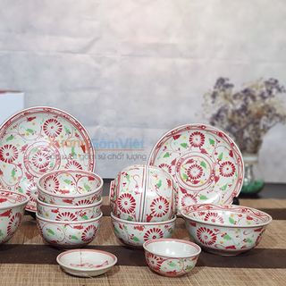 [sale sale sale] bộ bát đĩa cúc đỏ giả cổ tuyệt đẹp trang trí bàn ăn gia đình sang trọng và đẳng cấp - XƯỞNG GỐM VIỆT giá sỉ