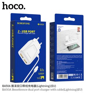 Bộ Cóc Cáp Sạc Nhanh BA50A Borofone - 2 cổng sạc - cổng Lightning chuẩn EU