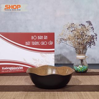 Bộ bát đĩa sứ nâu gốm lòng vàng hàng cao cấp Bát Tràng - XƯỞNG GỐM VIỆT