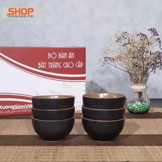 Bộ bát đĩa sứ nâu gốm lòng vàng hàng cao cấp Bát Tràng - XƯỞNG GỐM VIỆT