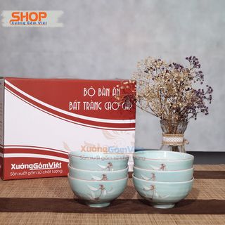 Bộ 6 chén cơm setup bàn ăn giá rẻ men xanh vẽ trúc-hàng gốm sứ Bát Tràng - XƯỞNG GỐM VIỆT giá sỉ