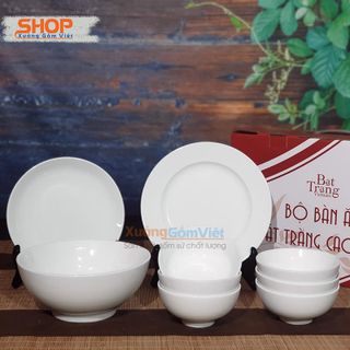 Bộ bát đĩa sứ trắng 9 món gồm 6 chén cơm, 2 đĩa, 1 tô canh - Hàng gốm Bát Tràng - XƯỞNG GỐM VIỆT giá sỉ