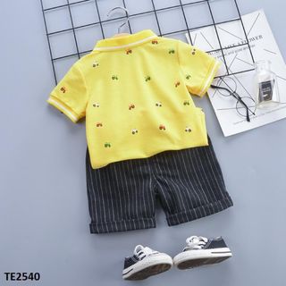Đồ Bộ bé trai áo thun cổ bẻ quần short kẻ mềm TE2540