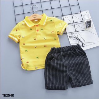 Đồ Bộ bé trai áo thun cổ bẻ quần short kẻ mềm TE2540