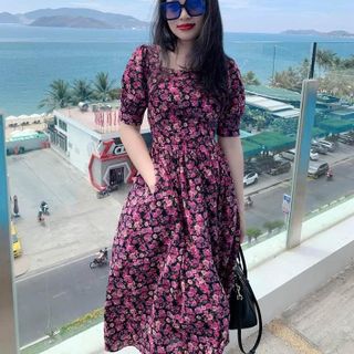 ĐẦM XOÈ HOA TÍM TAY PHỒNG - DT1343