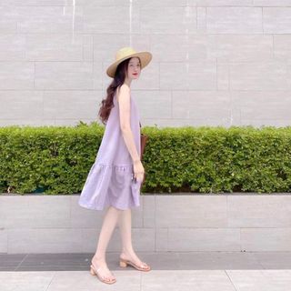 [Hình thật] Đầm váy nữ suông chữ A tím đuôi cá sát nách