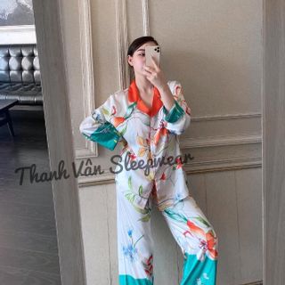 Đồ ngủ đồ mặc nhà pijama tdqd hoa lá cam xanh chất Lụa in 3D hàng Quảng Châu siêu đẹp giá sỉ