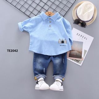 Đồ bộ bé trai áo thun sơ mi có cổ quần bò dài cho bé trai TE2402