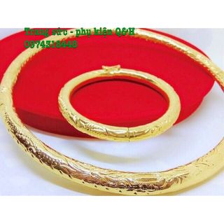 Set 1 kiềng cổ 1 vòng tay cưới khắc hình rồng phụng mạ vàng 24k