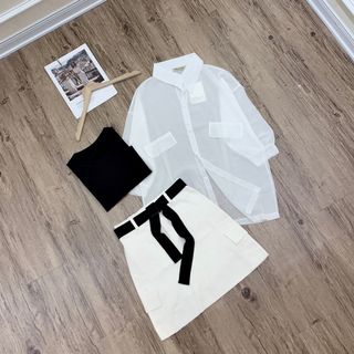 Sét áo thun bozip + áo khoác mỏng + chân váy + belt đẹp dã man