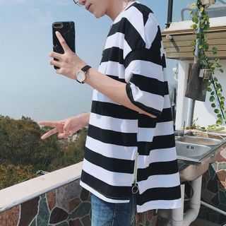 Áo thun sọc ngang tay lỡ